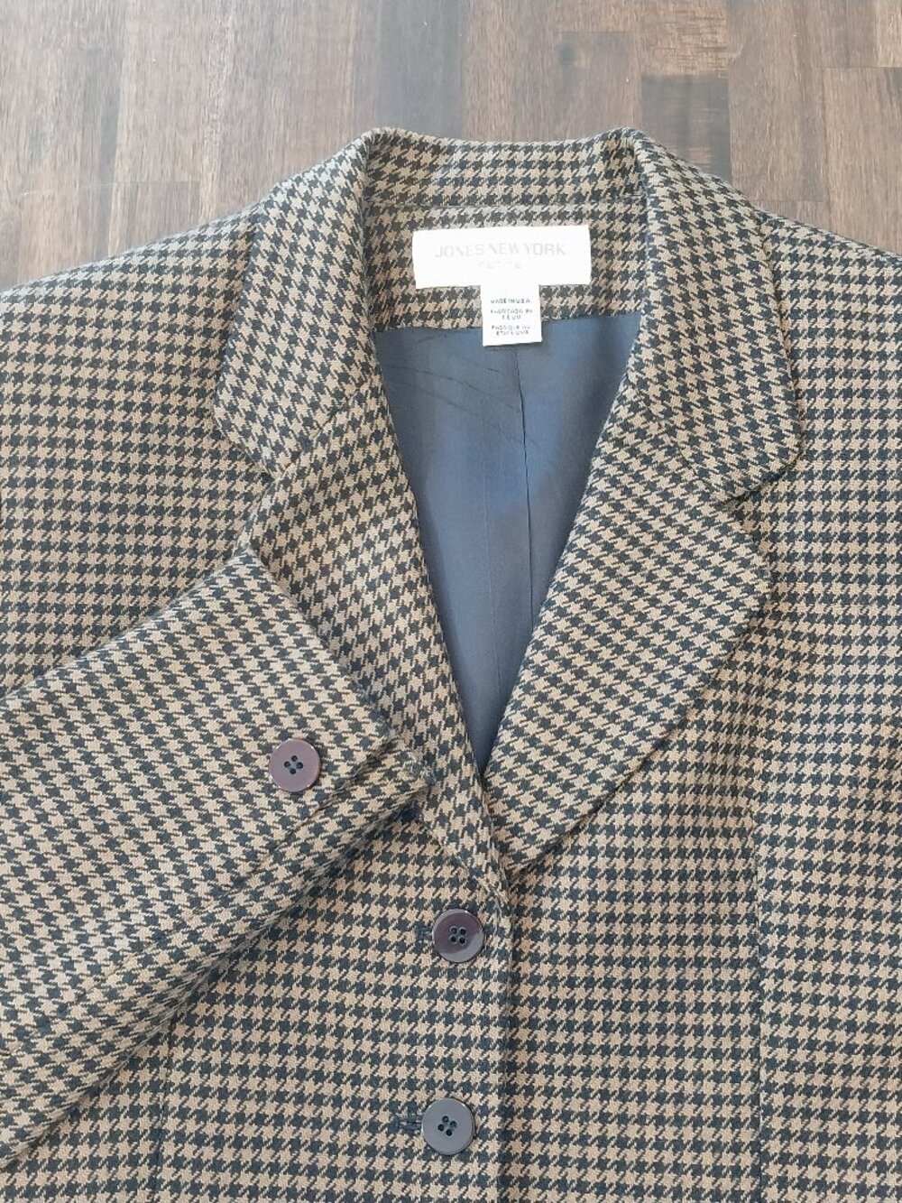 Jones New York Blazer Womens 4 Petite Brown Houndstooth 100% Pure Worsted Wool.